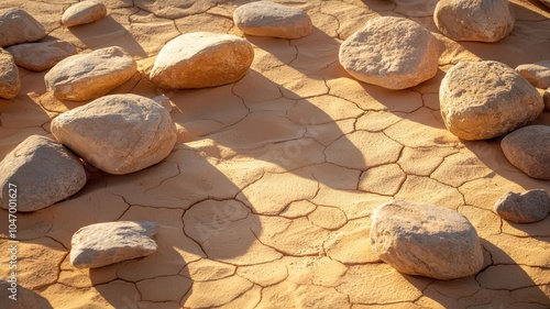 Rocks scattered on a sunlit desert floor, casting intricate shadows in the golden light