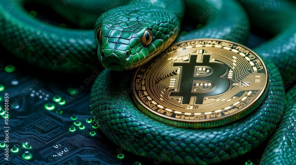 A green snake coiled around a golden bitcoin on a futuristic digital background A green snake coiled around a golden bitcoin on a futuristic digital background