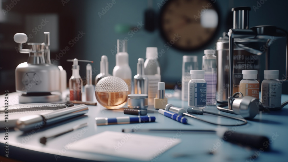Cluttered art studio workspace with colorful bottles and tools during ...