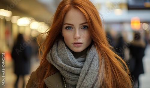 A beautiful woman with long, red hair, wearing an olive jacket and scarf, stands on the bustling streets