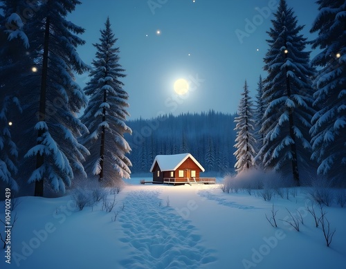 winter landscape with house and snow photo