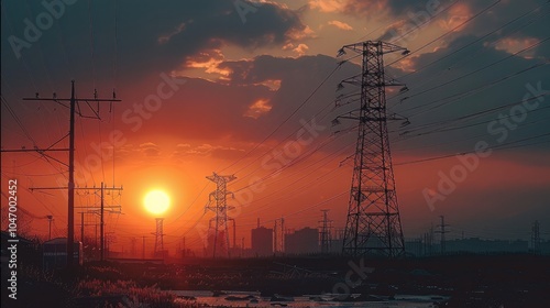 In the evening, the setting sun, and the outline of the electric tower became clearer.