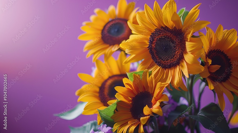 Close-up of bright yellow sunflowers against a vibrant purple background. Close-up of bright yellow sunflowers against a vibrant purple background.