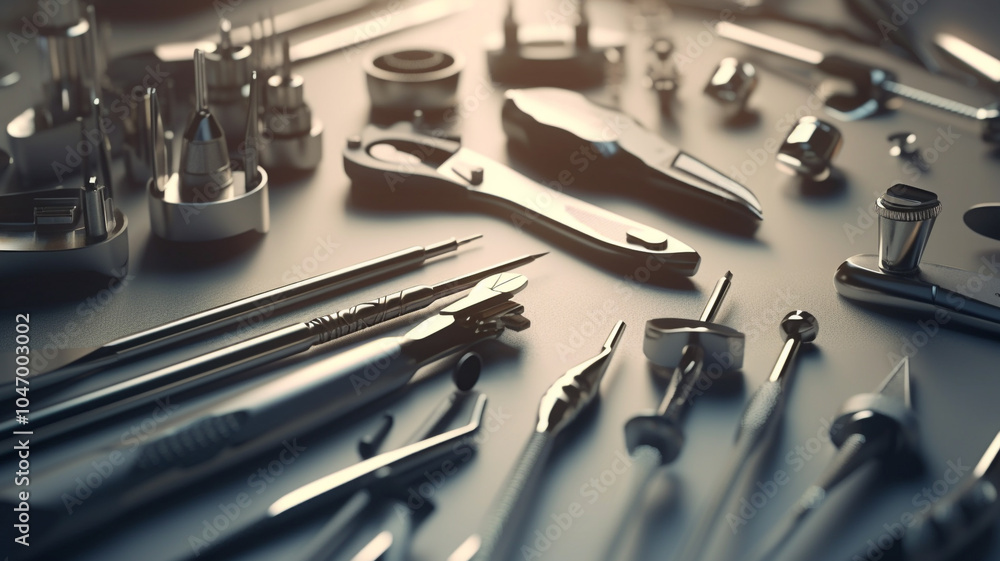 Fototapeta premium Metal cooking utensils on table Opened kitchen drawer with Stainless steel cutlery set