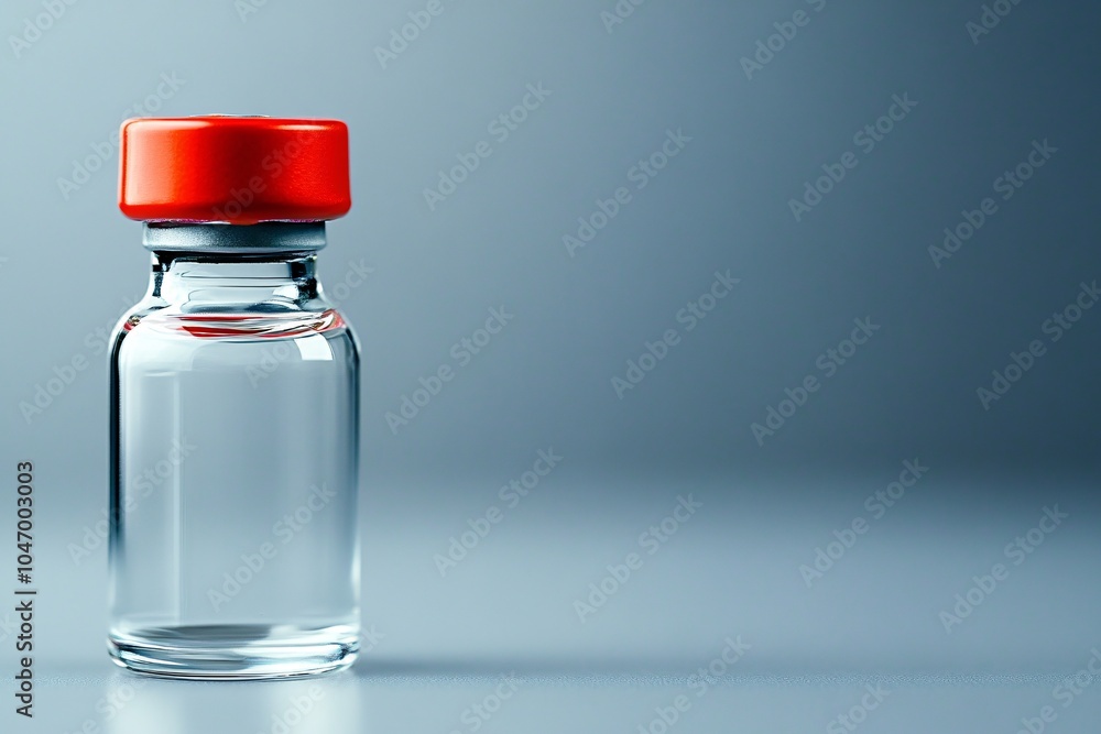 Single Glass Vial with Red Cap on Blue Background Medical Healthcare Pharmacy Science Single Glass Vial with Red Cap on Blue Background Medical Healthcare Pharmacy Science