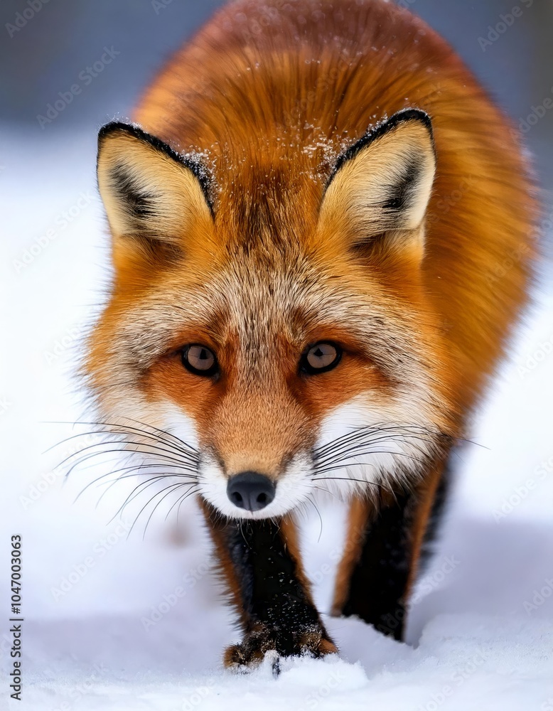 Fototapeta premium Red Fox in Winter: A close-up portrait of a red fox, its fur shimmering in the soft winter light, its eyes piercing and alert as it walks through a snowy landscape.
