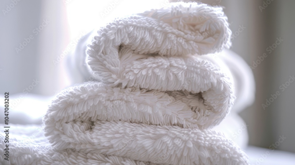 A stack of fluffy white bathrobes waiting for guests to slip into after a relaxing spa treatment. A stack of fluffy white bathrobes waiting for guests to slip into after a relaxing spa treatment.