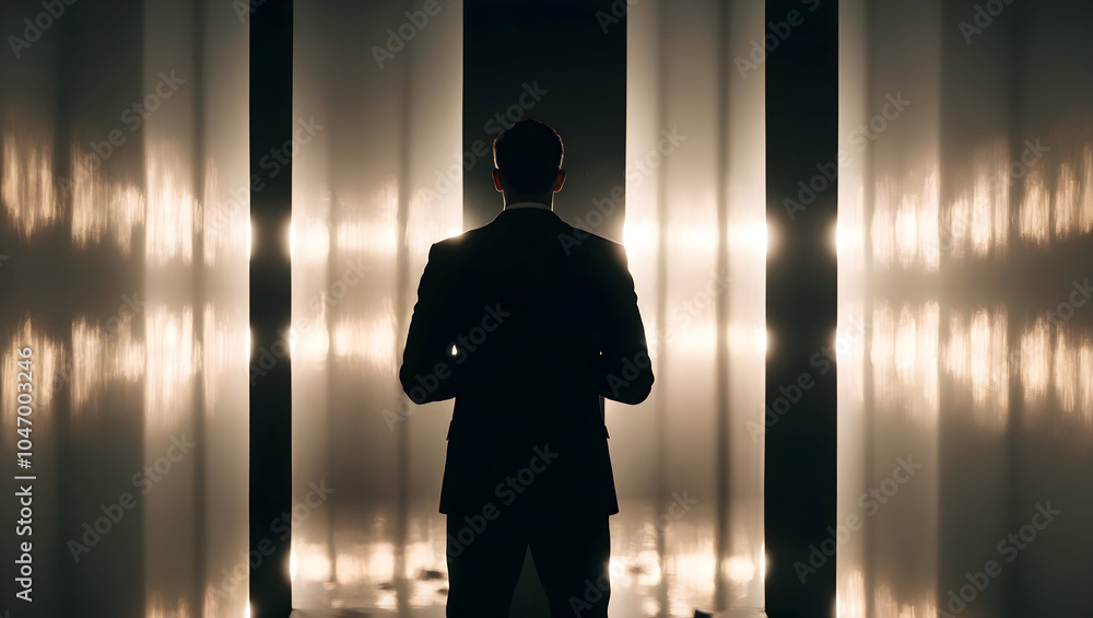 man in suit stands in front of bright lights, creating dramatic silhouette. scene evokes sense of mystery and anticipation, highlighting contrast between light and shadow man in suit stands in front of bright lights, creating dramatic silhouette. scene evokes sense of mystery and anticipation, highlighting contrast between light and shadow