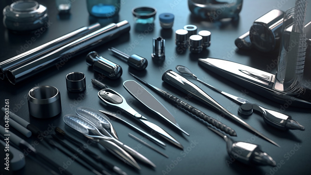 Fototapeta premium An array of medical instruments neatly arranged on a sterile tray in a hospital operating room. Medicine and syringes, medical equipment