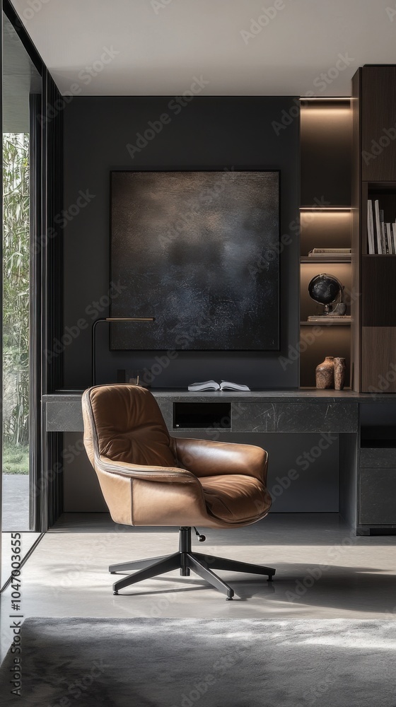 A contemporary home office with built-in desk and leather lounge chair, accented by modern art pieces A contemporary home office with built-in desk and leather lounge chair, accented by modern art pieces