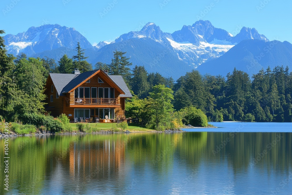 Fototapeta premium A peaceful cabin on the edge of a mountain lake, reflecting in the clear water under a bright sunny day, with towering snow-capped peaks in the background.