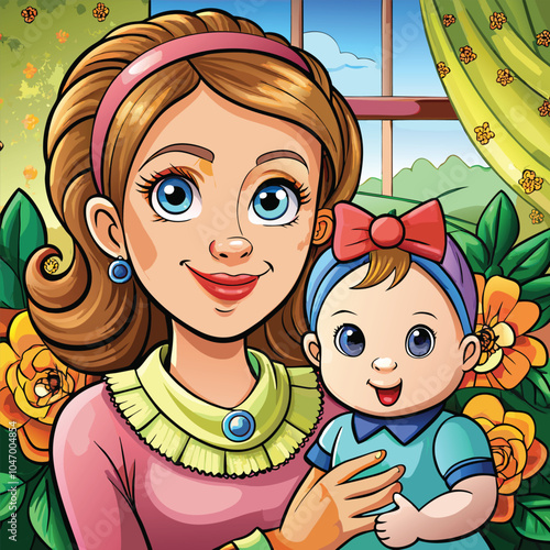 Cartoon Mother and Baby in Colorful Room