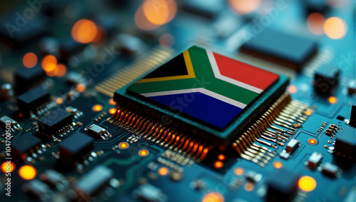 A South Africa themed chip is embedded on a circuit board with illuminated pathways, highlighting innovation in electronics and cutting-edge hardware.