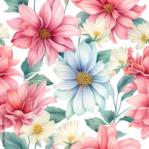 Wallpaper Mural Seamless Colorful flowers  a blue and white floral pattern with a blue flower in the center. The blue flowers are surrounded by green leaves  
 Torontodigital.ca