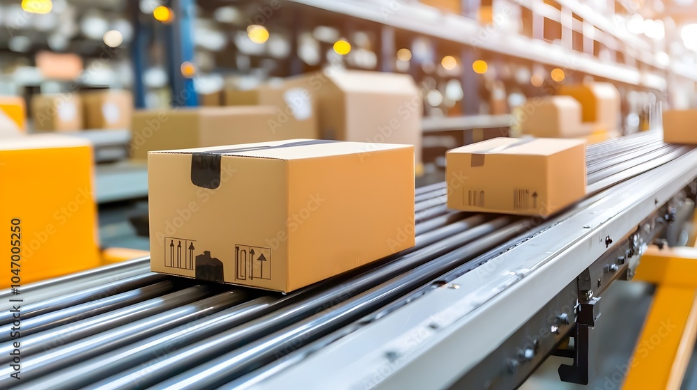 Automated Parcel Boxes Moving on Conveyor Belt in Modern Shipping and Logistics Facility Efficient Workflow and Distribution of Goods and Packages Automated Parcel Boxes Moving on Conveyor Belt in Modern Shipping and Logistics Facility Efficient Workflow and Distribution of Goods and Packages