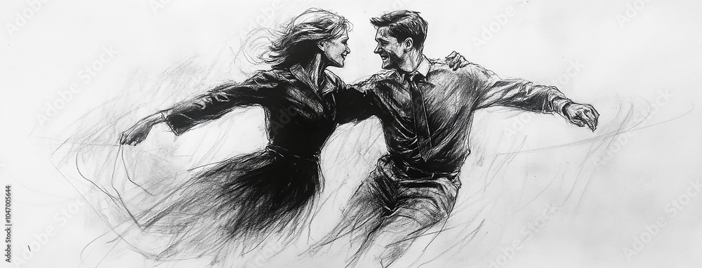 Fototapeta premium Black charcoal pencil drawing of a young active couple dancing in white background with live performance