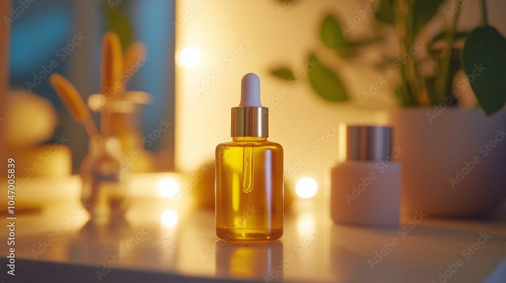 gold bottle of face serum resting on a vanity table, softly lit by ambient light gold bottle of face serum resting on a vanity table, softly lit by ambient light