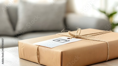 Cardboard parcel box with visible shipping tracking information label on the top  This image represents the concept of online shopping e commerce logistics and package delivery services photo