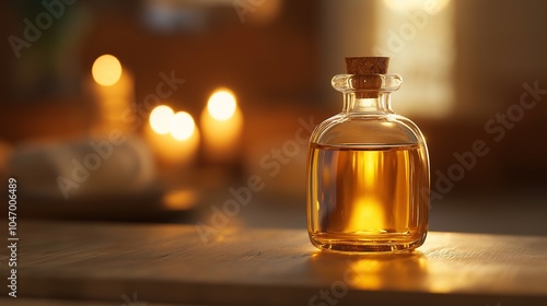 golden bottle of massage oil on a spa table