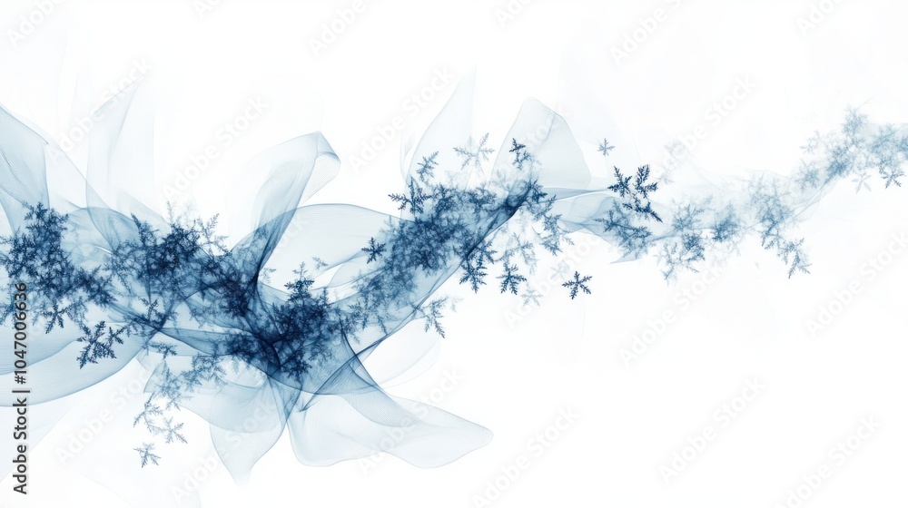 Fototapeta premium Winter abstract with delicate snowflakes and floating light trails in cool blue tones, isolated on white