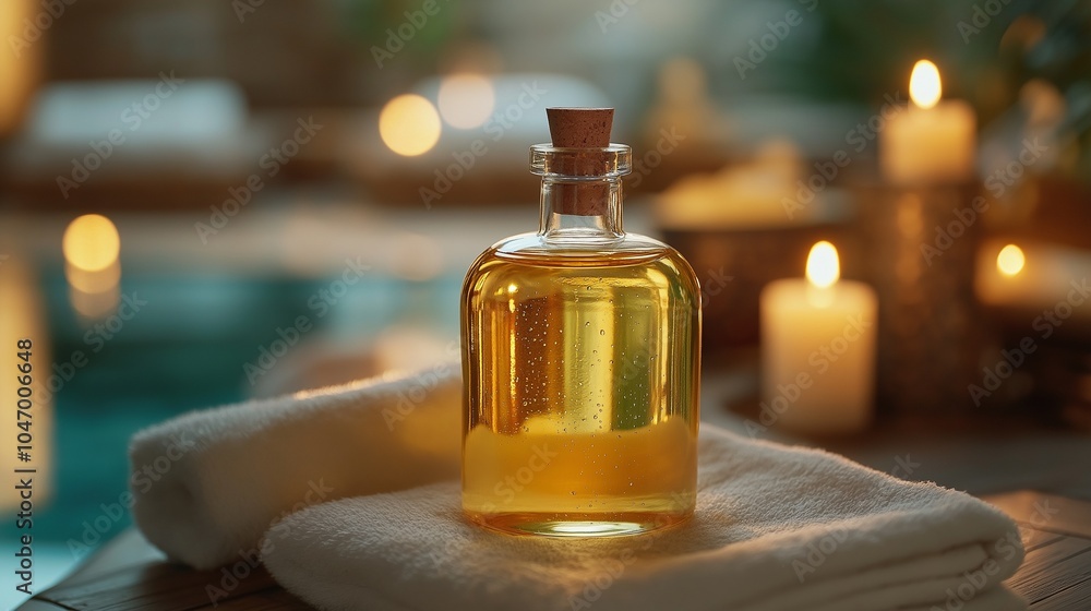 golden bottle of massage oil on a spa table golden bottle of massage oil on a spa table