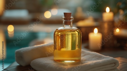 golden bottle of massage oil on a spa table photo