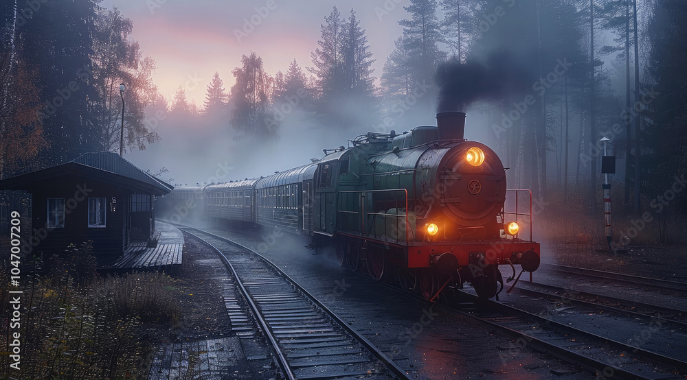 An old train at station in the forest. at dawn with mist and light fog. An old train at station in the forest. at dawn with mist and light fog.