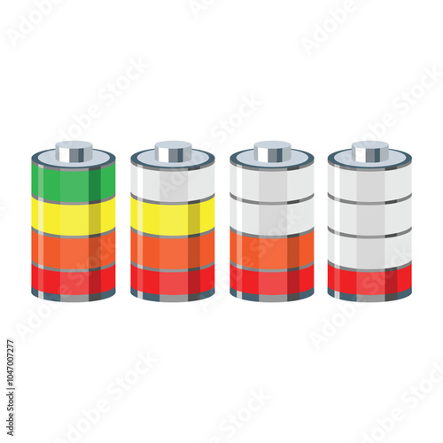 Illustration of battery level indicators. Battery life, accumulator, battery running low, battery recharging vector.