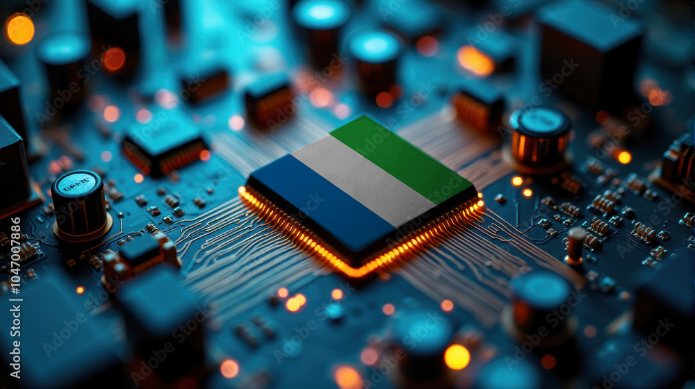 A Sierra Leone branded chip rests on a circuit board, surrounded by glowing components, representing significant contribution to advanced computing technology and hardware. A Sierra Leone branded chip rests on a circuit board, surrounded by glowing components, representing significant contribution to advanced computing technology and hardware.