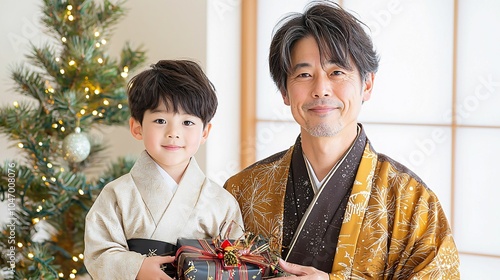 A heartwarming scene of a man and a boy dressed in traditional attire, joyfully holding gifts near a decorated Christmas tree. photo