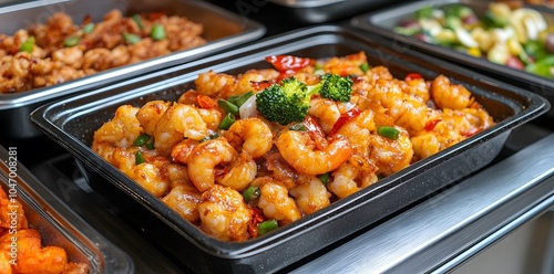 A dish of shrimp with broccoli and spices in a serving tray, showcasing appetizing food.