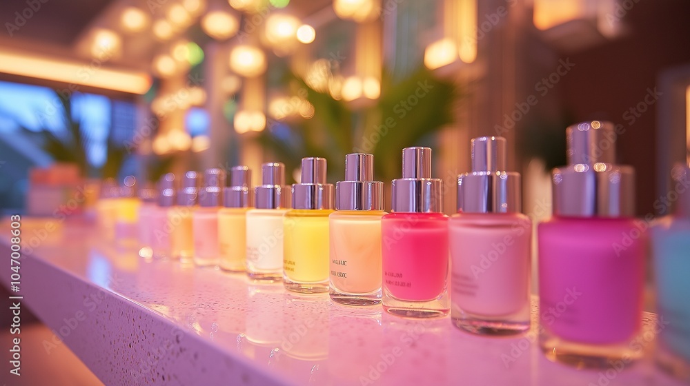 Pastel-colored nail polish bottles lined up on a spa table Pastel-colored nail polish bottles lined up on a spa table