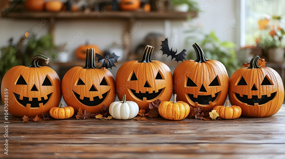 Obraz premium Monochrome Halloween printables with sleek jack-o-lantern faces and modern graphic elements for posters