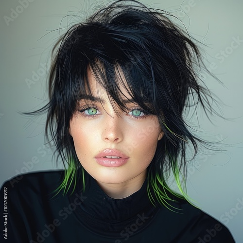 women black hair green eyes, Layered shaggy haircut, with a lot of structure in the hair, long hair with a shorter front, pony with structure in the front.