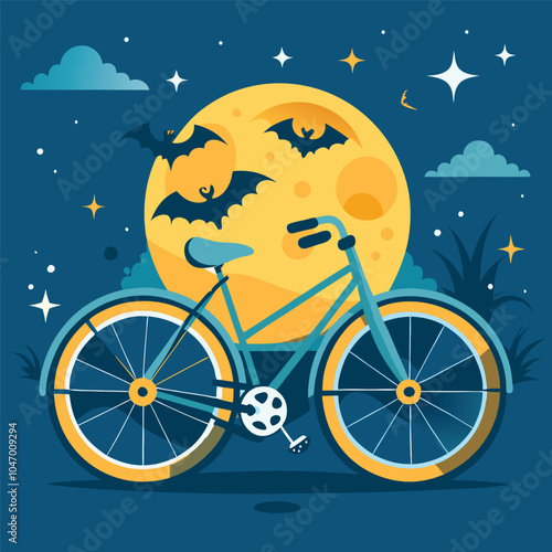 Bicycle and Bats Under Full Moon Illustration