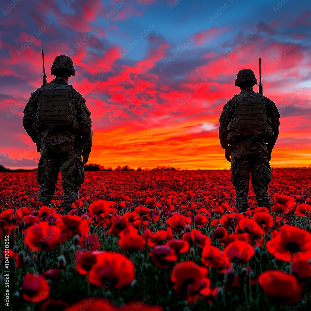 Silhouetted soldiers in a poppy field under a vibrant sunset sky. Silhouetted soldiers in a poppy field under a vibrant sunset sky.
