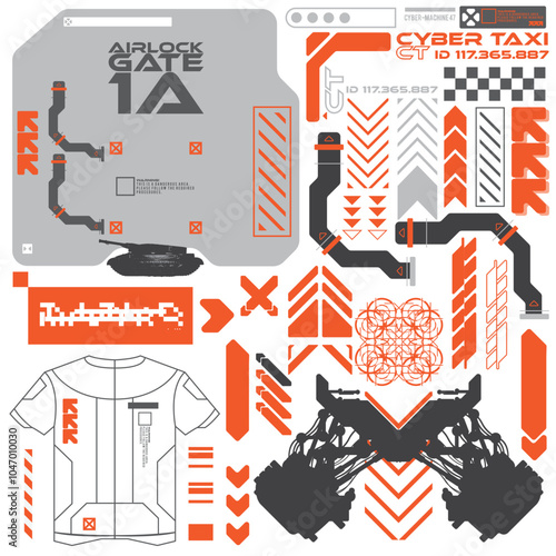 robot cyberpunk y2k 2000s gaming futuristic icon pattern  set collection template hud for branding fashion t-shirt decoration decals, 2d illustration rendering vector 