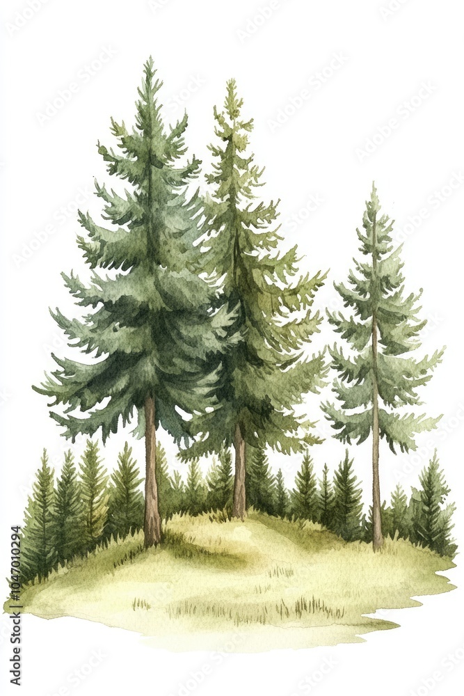 Fototapeta premium Majestic Fir Tree. Watercolor illustration of Evergreen Pine in Natural Landscape