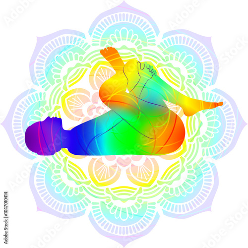 Colorful silhouette of woman practicing Supta Kapotasana yoga pose. Supine Pigeon pose, Supine Figure Four pose. Isolated vector illustration