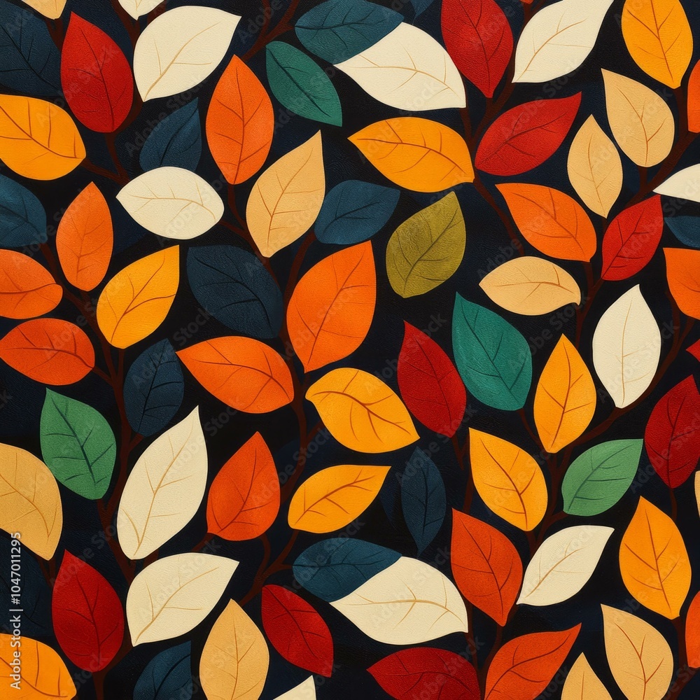 Colorful leaves pattern with autumn hues on a dark background. Colorful leaves pattern with autumn hues on a dark background.