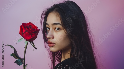 A young woman with long black hair looks away from the camera while holding a single red rose in front of her. photo