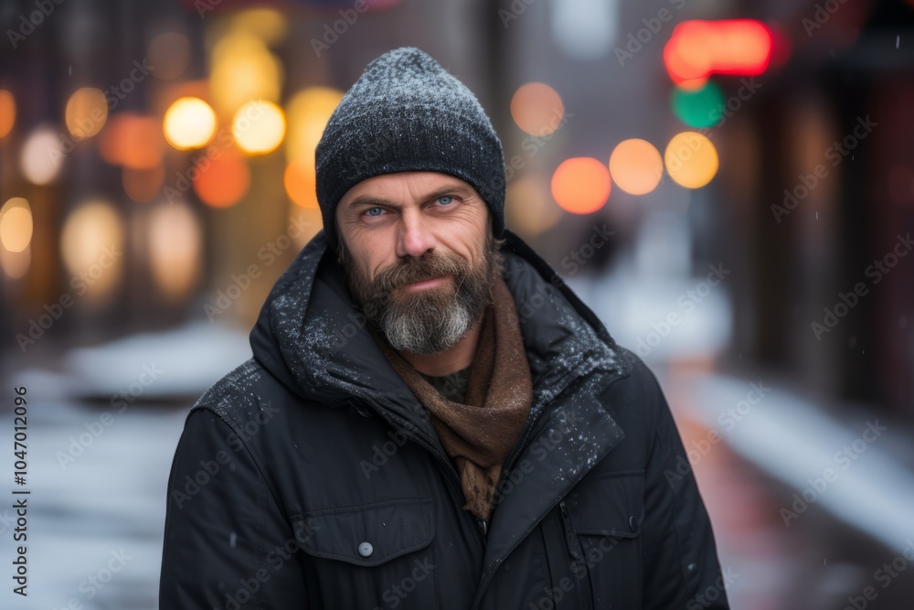 Portrait of a bearded man with a gray beard in a black jacket and a knitted cap on the street at night. Portrait of a bearded man with a gray beard in a black jacket and a knitted cap on the street at night.