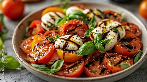 A Vibrant Caprese Salad. A Caprese salad made with fresh mozzarella, ripe tomatoes, basil leaves, and a drizzle of balsamic glaze.