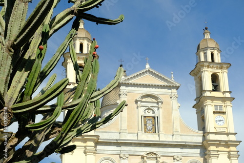 Cactus plant. Basilica of Santo Stefano.The historic center of the town of Lavagna in Liguria with the Brignardello portico, Piazza Marconi. Italy photo