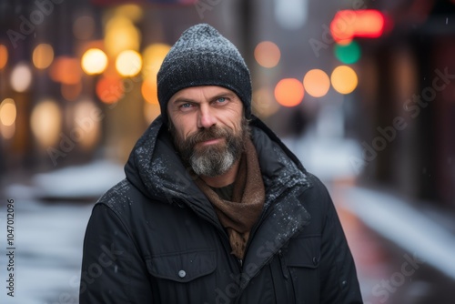 Portrait of a bearded man with a gray beard in a black jacket and a knitted cap on the street at night.