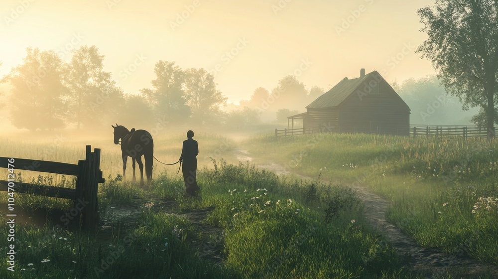Fototapeta premium A calm morning on a countryside farm, with a person leading a horse through the misty fields