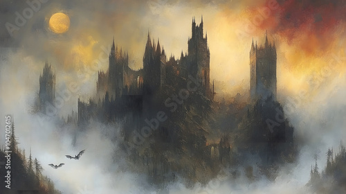 Gothic-inspired Halloween wall art bundle with dark castles, stormy skies, and ravens, great for creating an eerie atmosphere