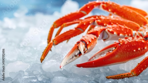 Close-up RAW Style of Premium wild-caught Alaskan King Crab legs on ice