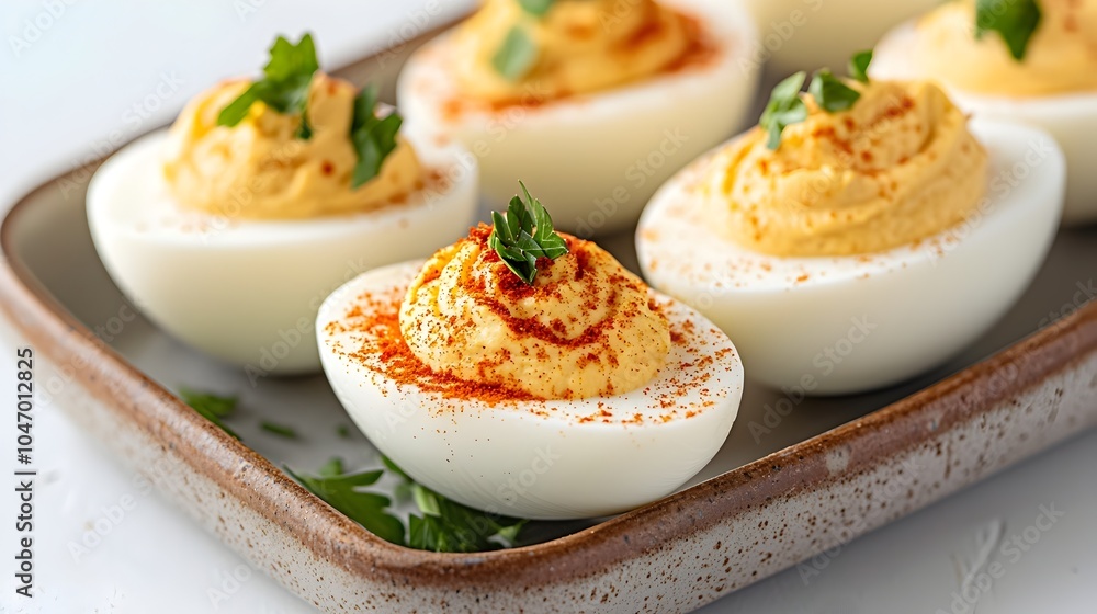 Delectable Deviled Eggs Garnished with Vibrant Paprika and Fresh Parsley Arranged on a Serving Tray for a Tasty Appetizer or Snack Delectable Deviled Eggs Garnished with Vibrant Paprika and Fresh Parsley Arranged on a Serving Tray for a Tasty Appetizer or Snack