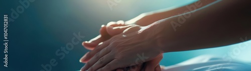 Close-up of massage therapist's hands mid-stretch
